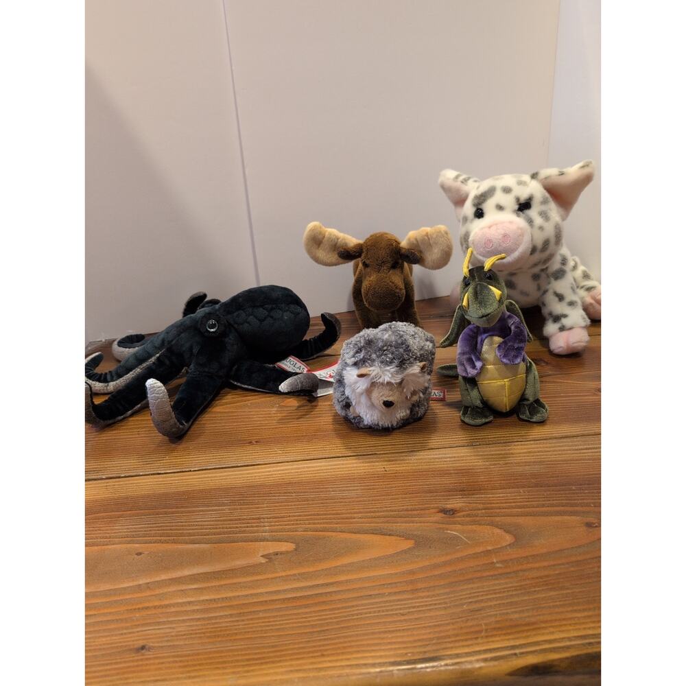 Lot Of Five Douglas Stuffed Animals Octopus Hedgehog Moose‎ Dragon Pig